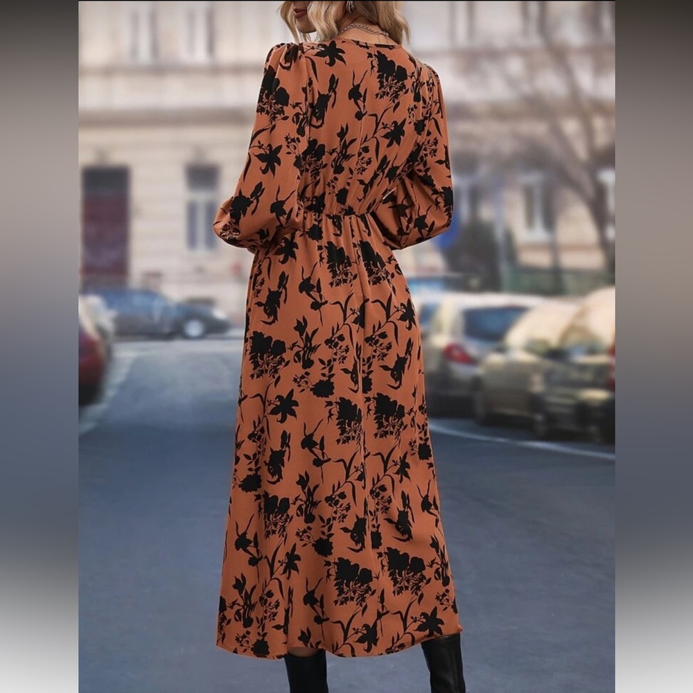 Long sleeve v neck midi dress burnt orange black dark florals fall - Picture 2 of 2